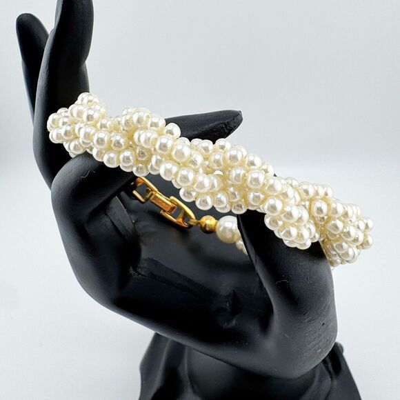 Vintage Napier Faux Pearl Bracelet Seed Bead Multi Strand Twist Barrel JJ60 - Picture 1 of 7